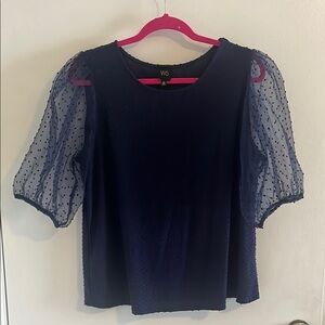 W5 Navy Blue Sheer Puff Sleeve Top
